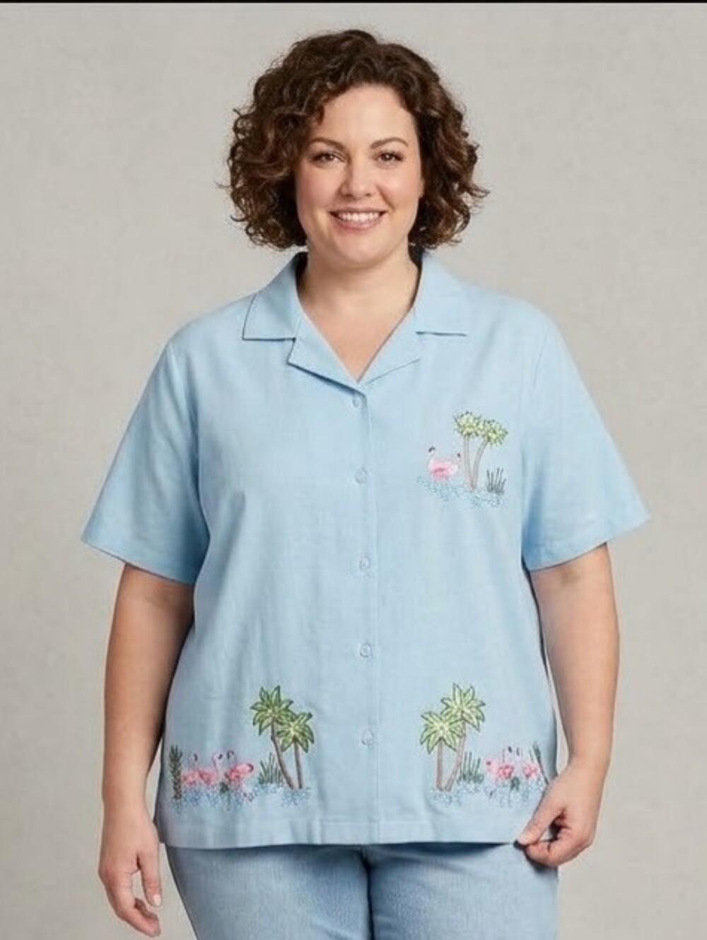 Jane Ashley Womens 1X Light Blue Flamingo Palm Tree Embroidered Blouse Top